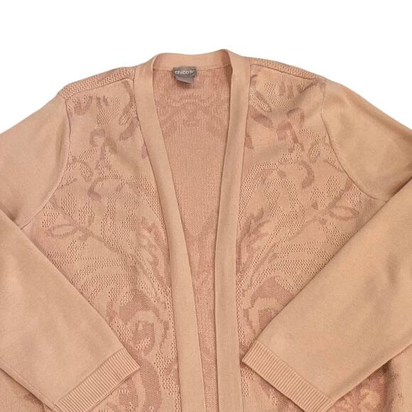 Chico's Petal/Blush Pink Long Open Cardigan, Duster Floral Jacquard Tapestry L - Picture 7 of 15